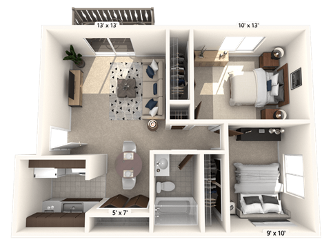 Floor plan for 2 beds, 1 bath, 634 sqft